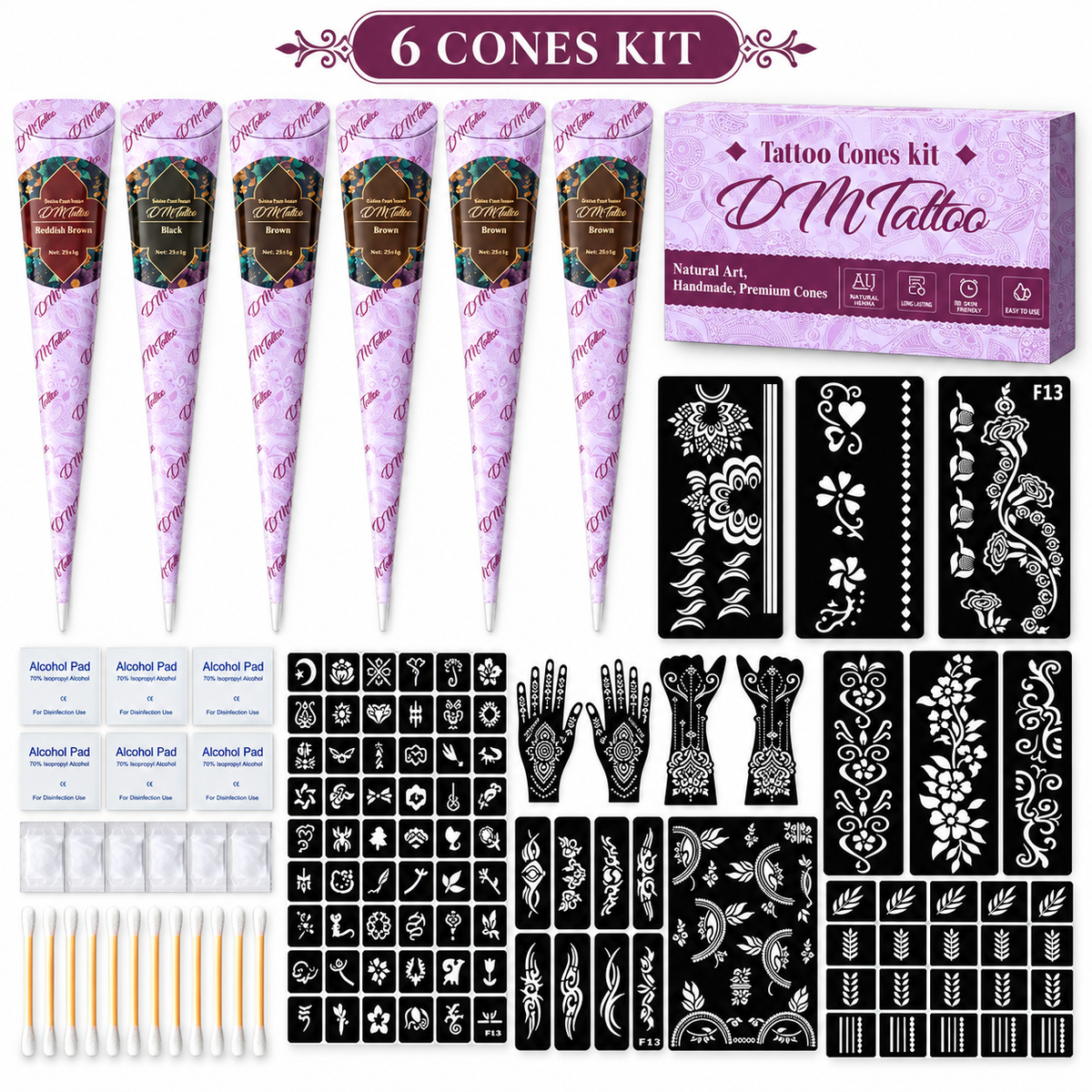 Henna Tattoo Kit with Stencils – Temporary Body Art Cones for Hands & Creative Designs