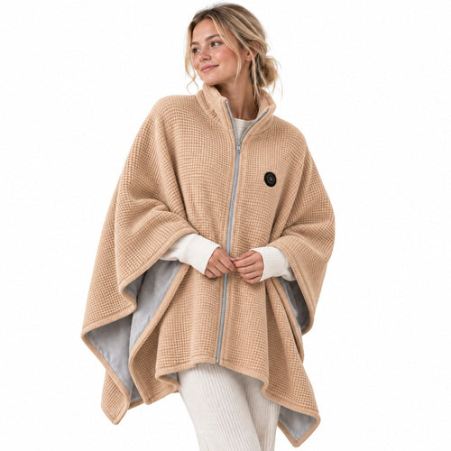 Model wearing a beige USB heated shawl with a zip front
