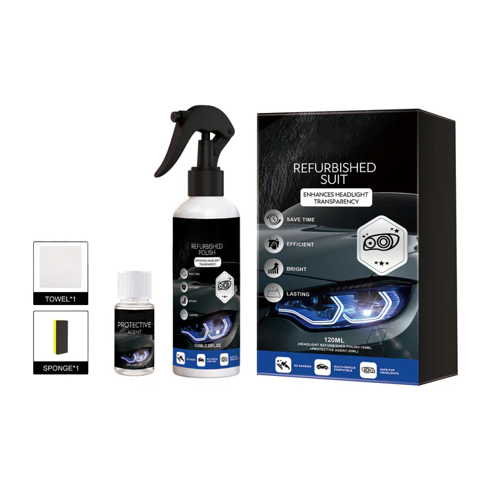 Automotive headlight restoration kit with polishing fluid protective agent towel and sponge