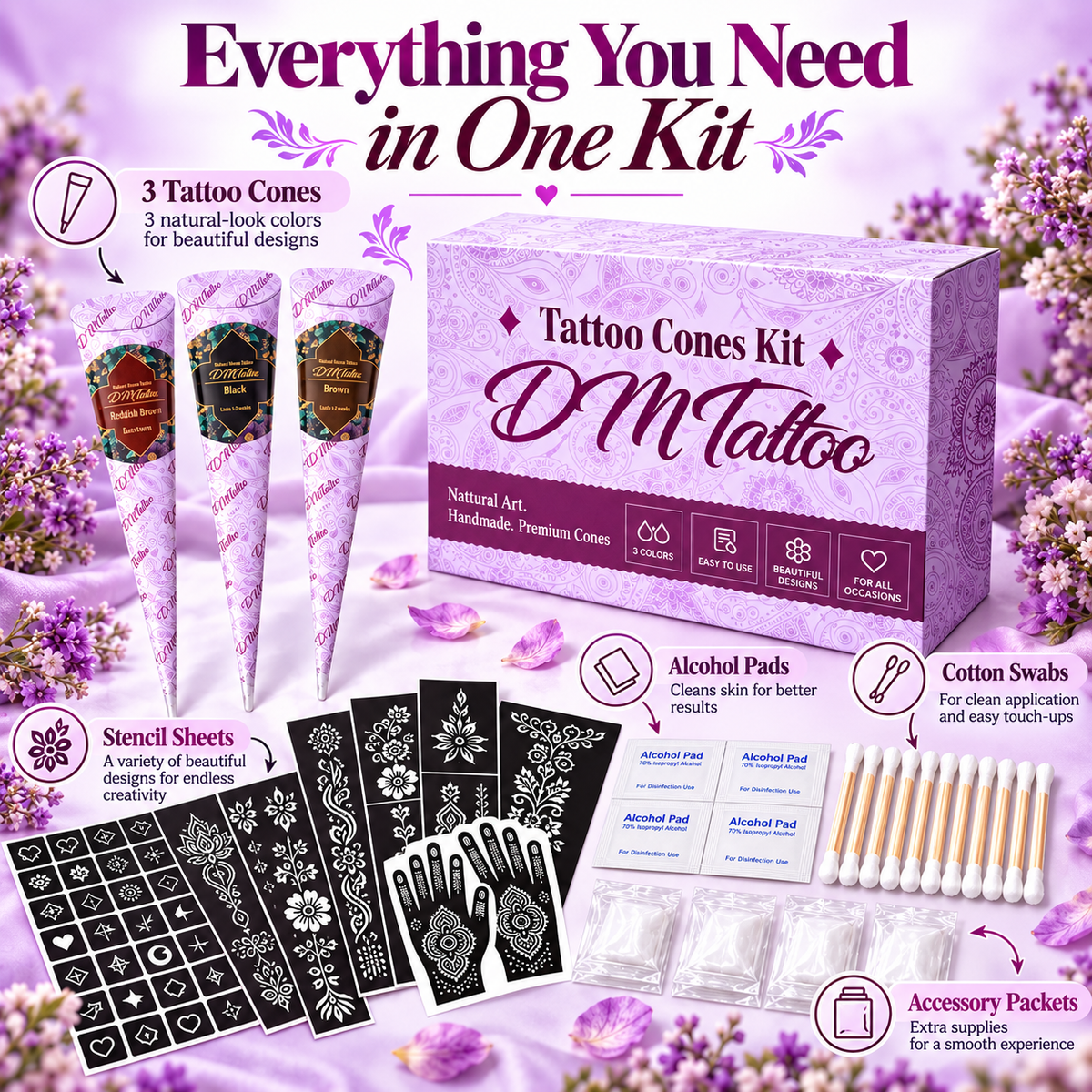 Henna Tattoo Kit with Stencils – Temporary Body Art Cones for Hands & Creative Designs