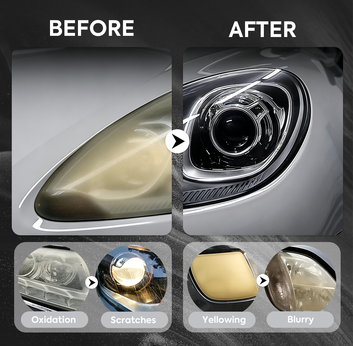 Cloudy yellow headlight before and clear headlight after restoration