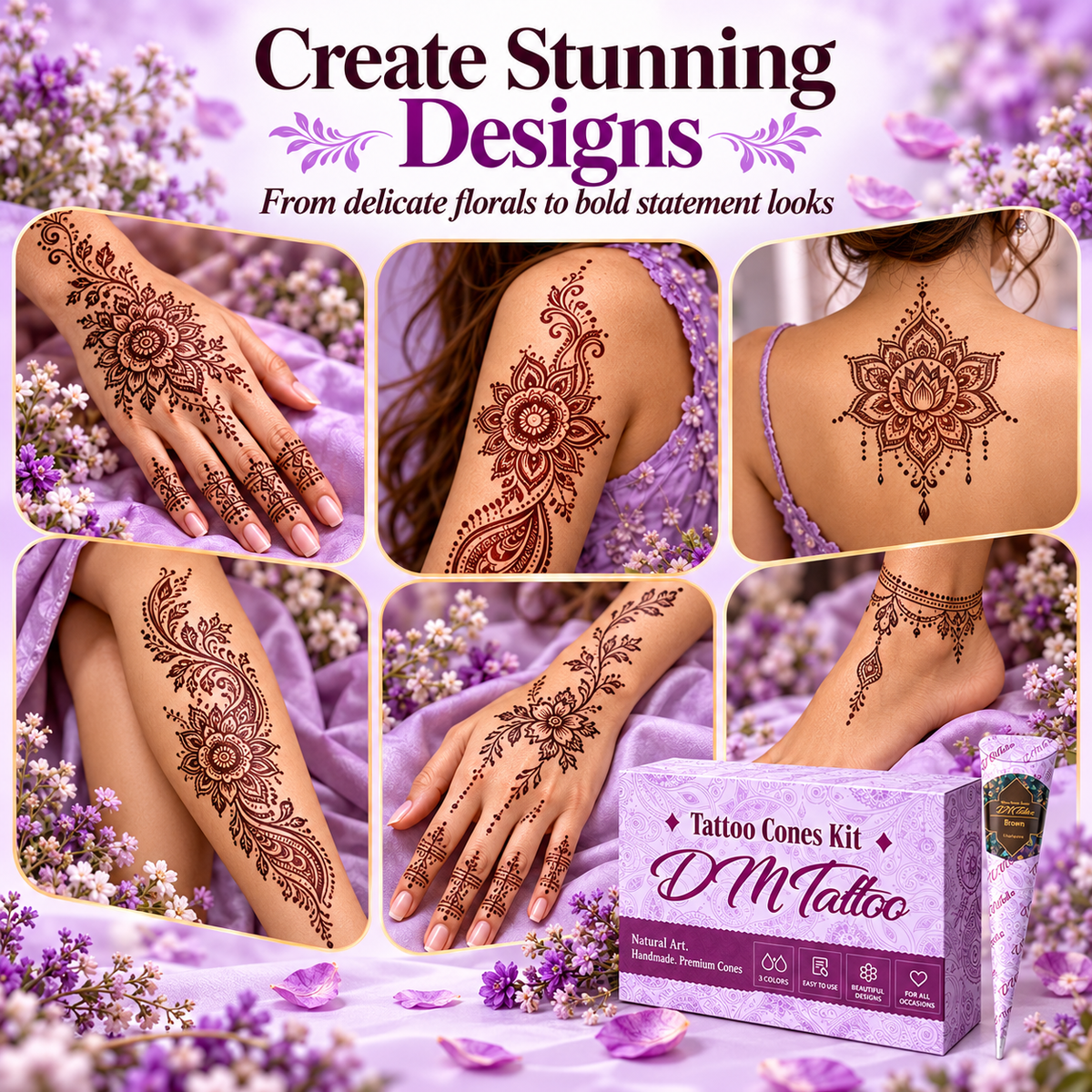 Henna Tattoo Kit with Stencils – Temporary Body Art Cones for Hands & Creative Designs