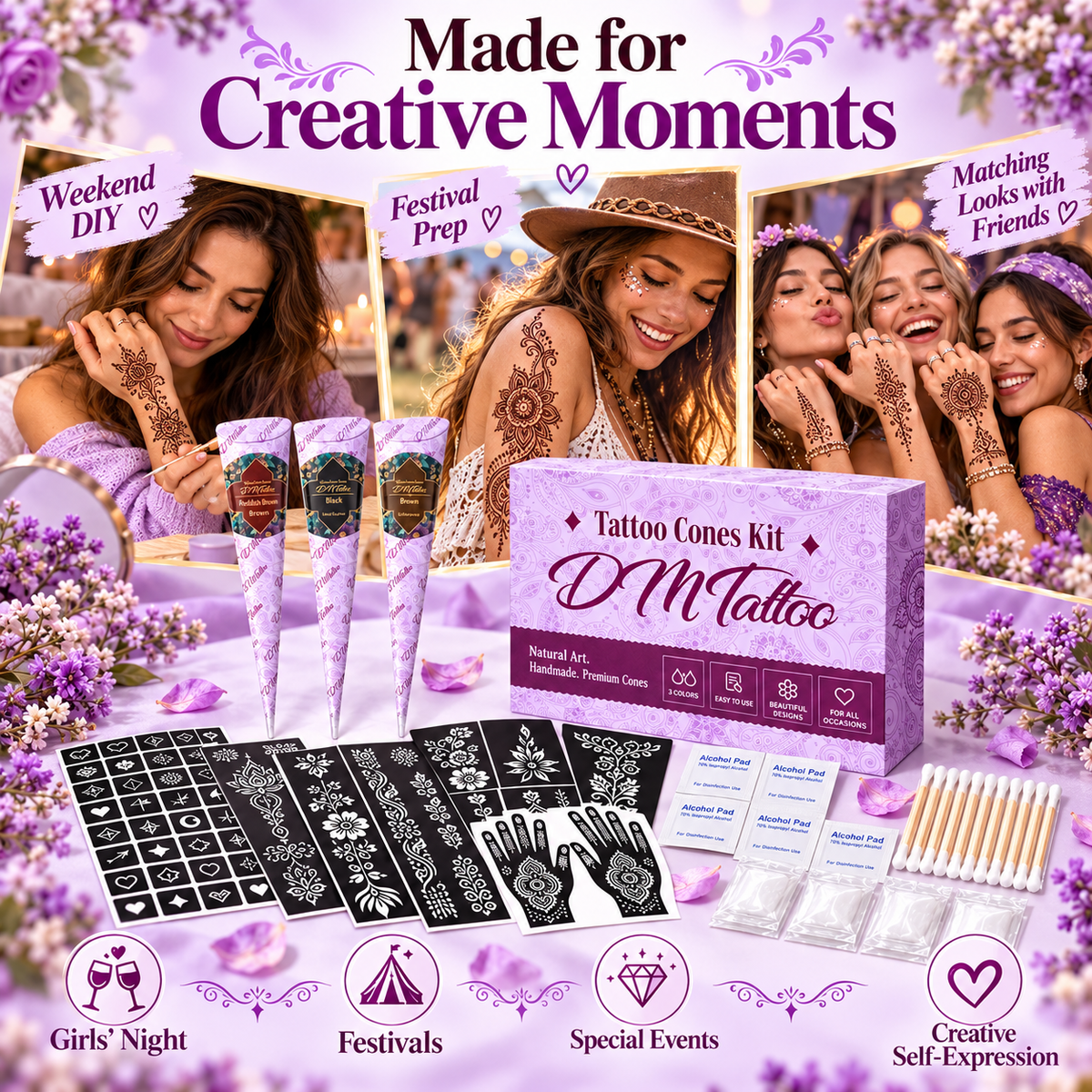Henna Tattoo Kit with Stencils – Temporary Body Art Cones for Hands & Creative Designs