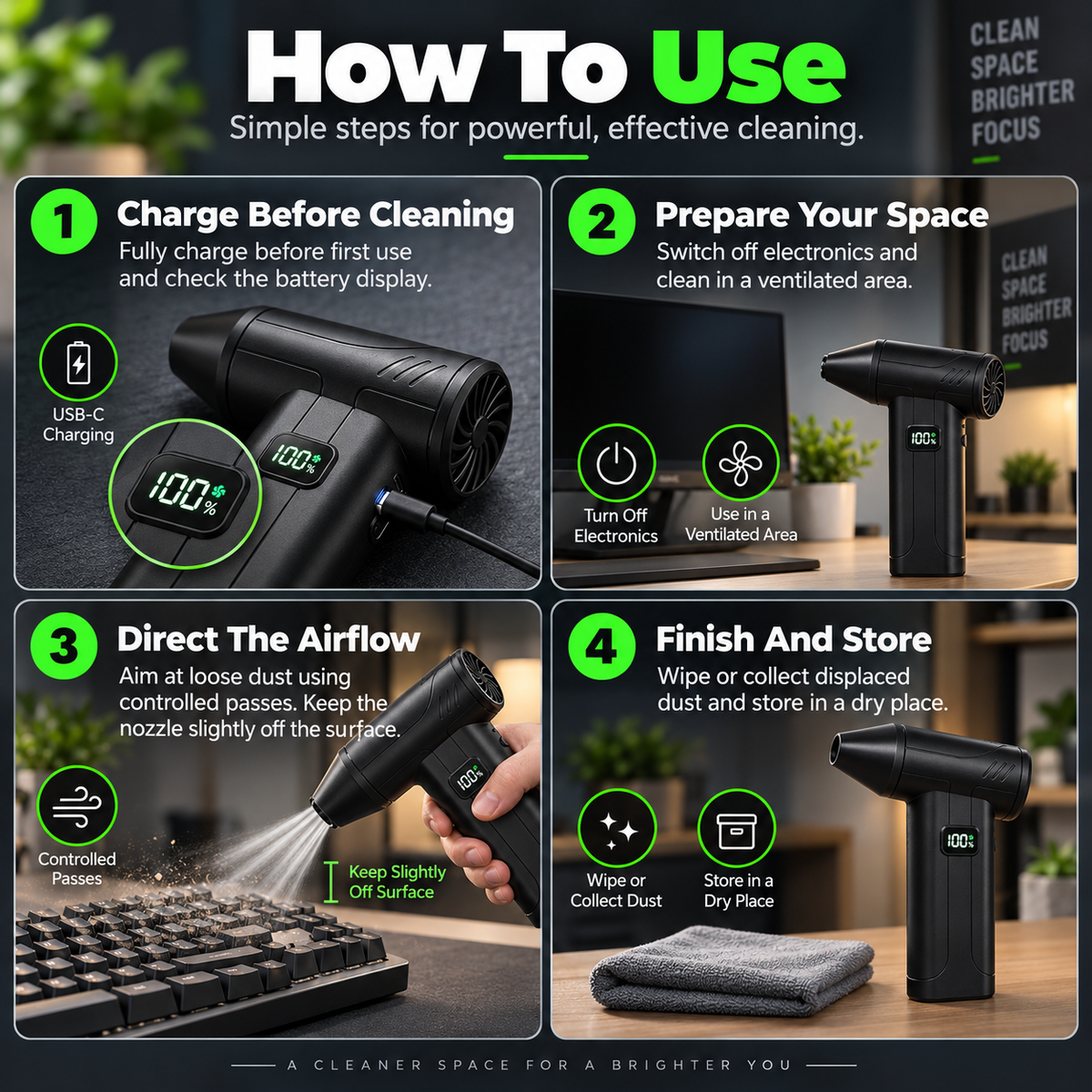 100,000 RPM Rechargeable Cordless Air Duster With LED Light & Battery Display