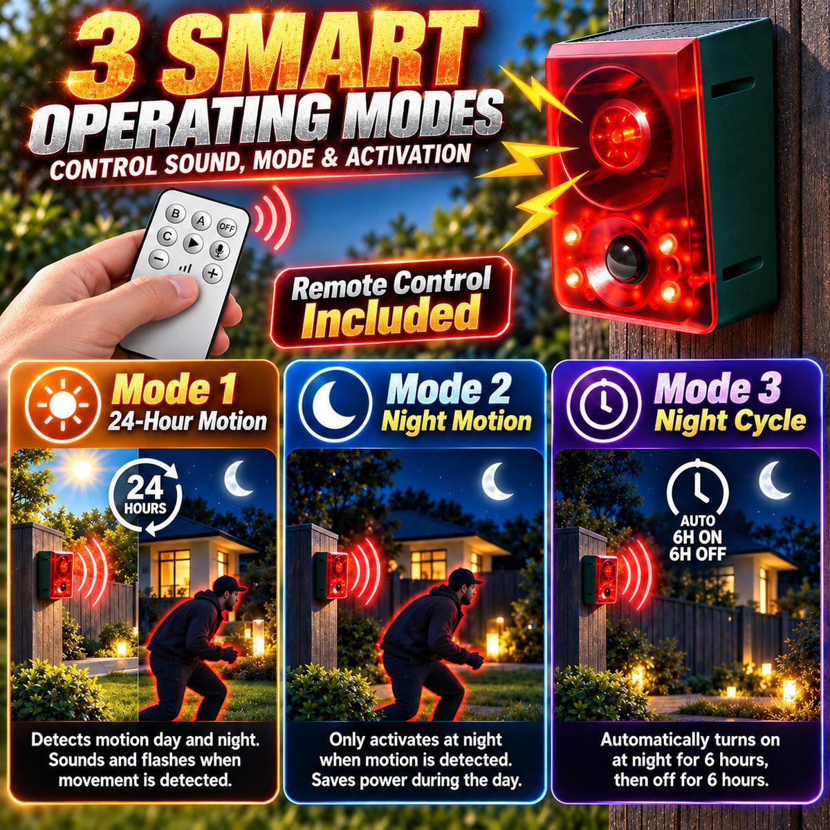 Solar Outdoor Motion Sensor Alarm - Dog Barking & Gunshot Sound, Support Recording and Volume Adjustment, 130dB Noise with Flashing Light to Deter Raccoon, Deer, Skunk, Bear, Coyote