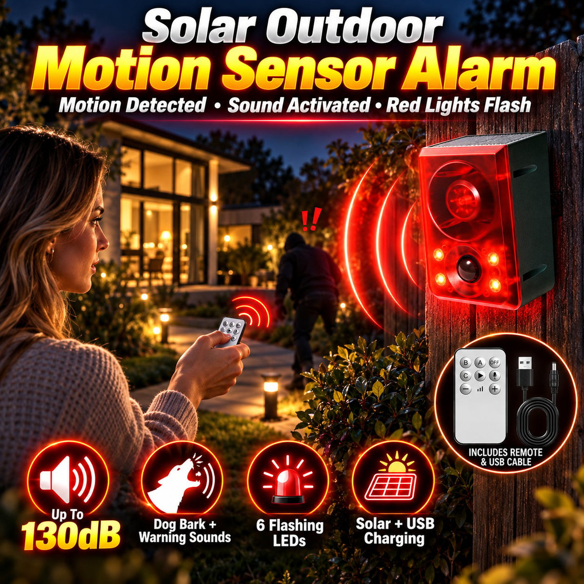 Solar Outdoor Motion Sensor Alarm - Dog Barking & Gunshot Sound, Support Recording and Volume Adjustment, 130dB Noise with Flashing Light to Deter Raccoon, Deer, Skunk, Bear, Coyote