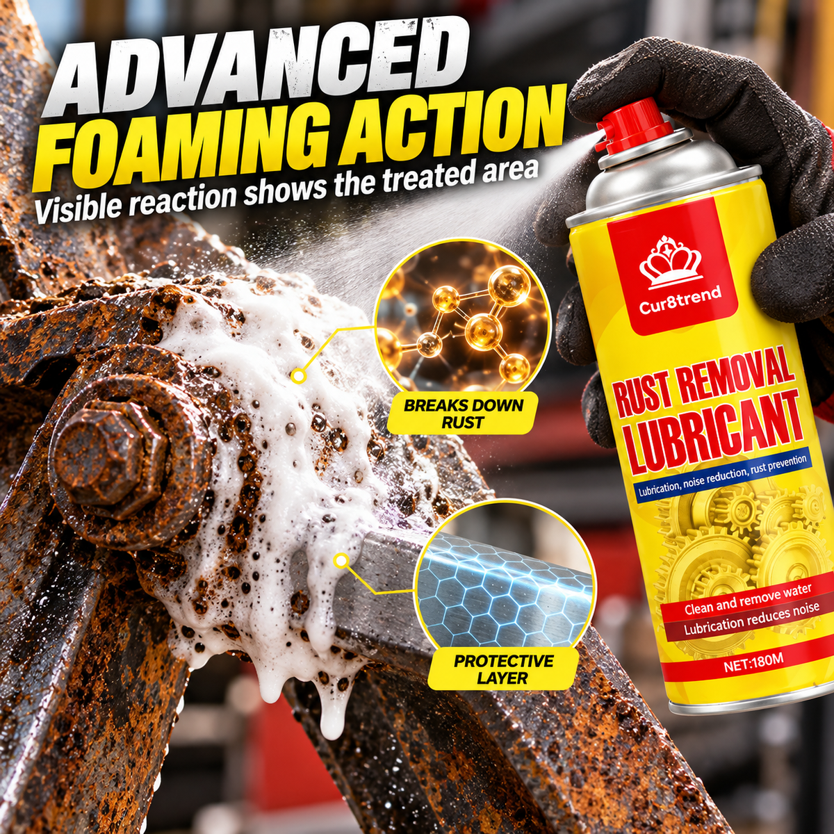 Advanced foaming action on rusty metal
