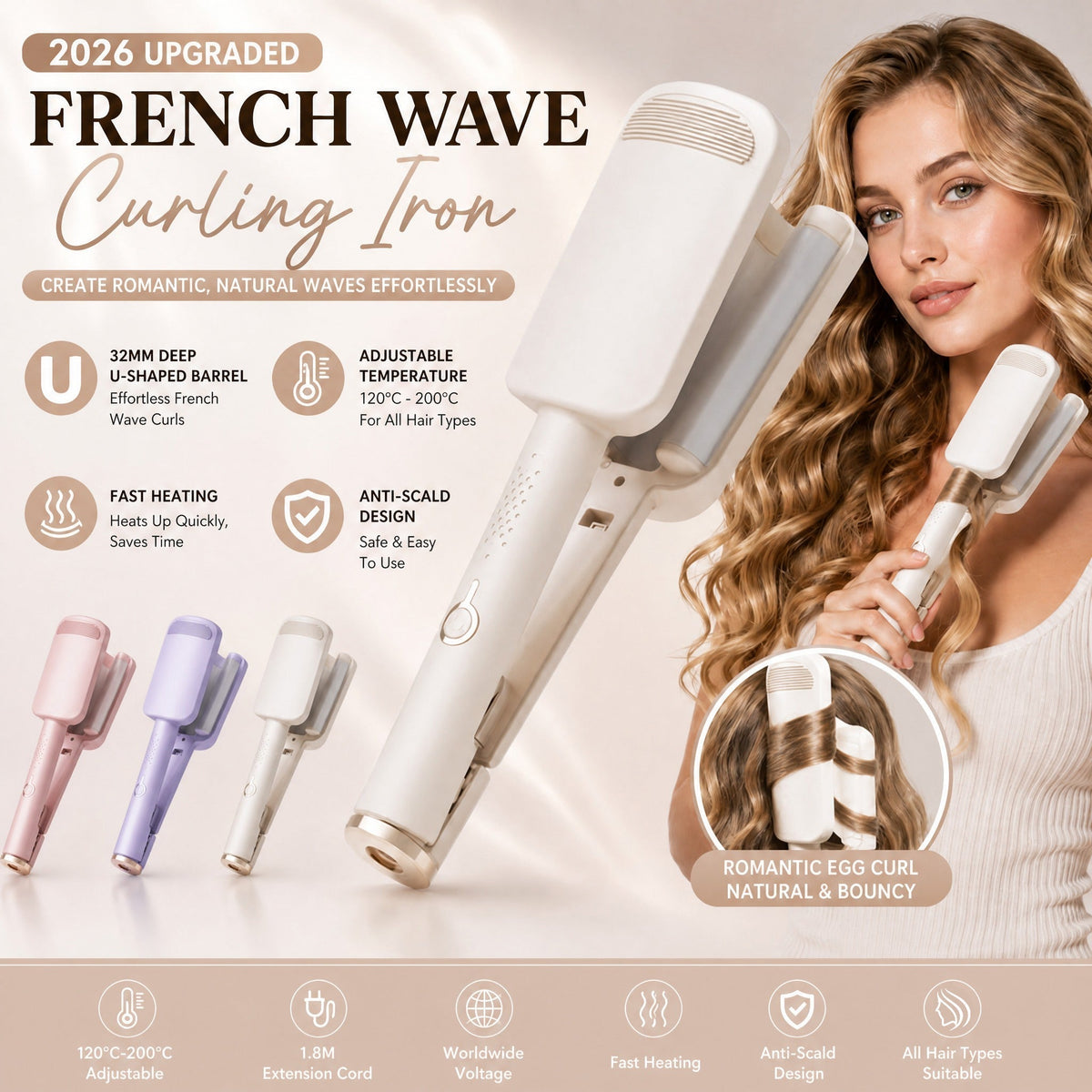 🌸 LIMITED-TIME 40% OFF!  💇‍♀️✨32MM Wavy Hair Curler – Big Bouncy Curls, 4 Adjustable Heat Settings & Negative Ion Care – Salon-Quality Styling at Home 💇‍♀️✨