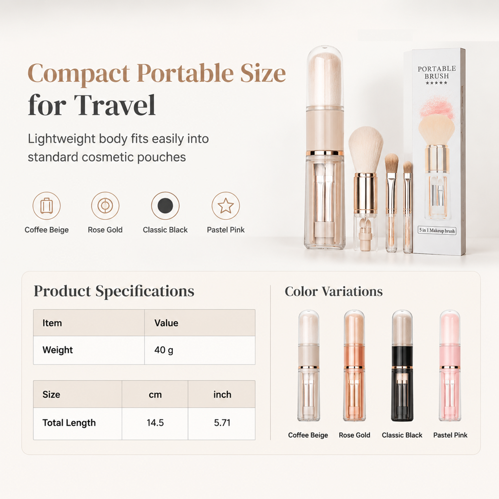 Portable Retractable Makeup Brush Set Multifunctional Travel Cosmetic Tool with Powder Blush and Silicone Lip Brush