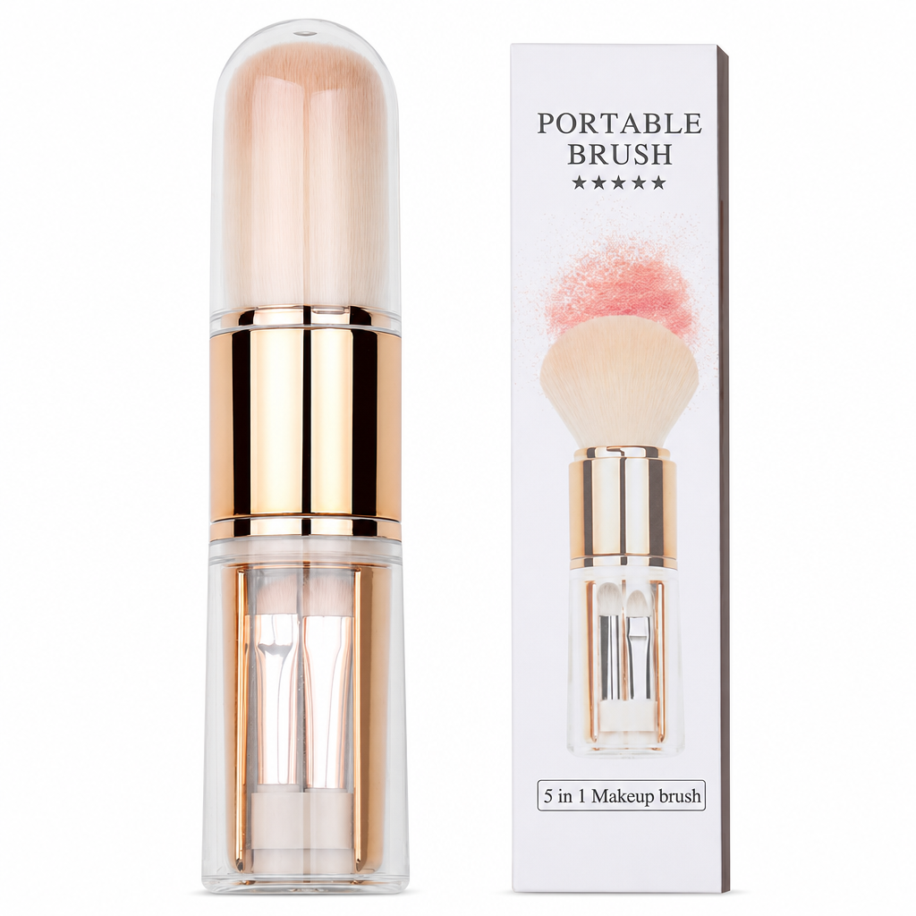 Portable Retractable Makeup Brush Set Multifunctional Travel Cosmetic Tool with Powder Blush and Silicone Lip Brush